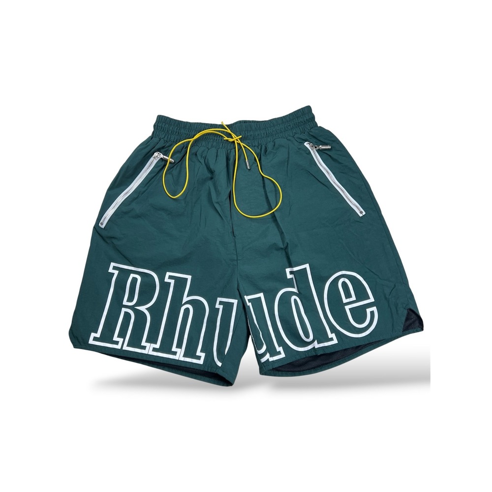 Rhude Mens Logo Swim Trunks Forest Green Yellow Drawstring Shorts Size Large